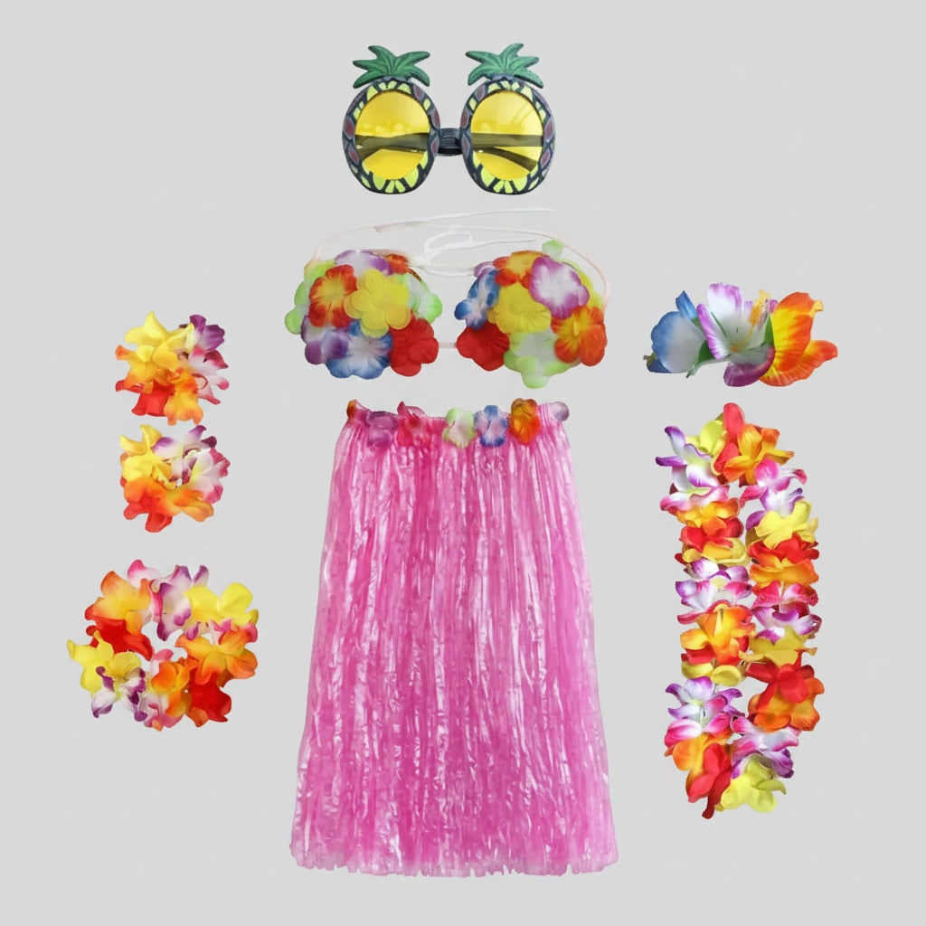 Halloween Group of Four Hula Costume Set with Grass Skirt Lei and Flower - Image 9