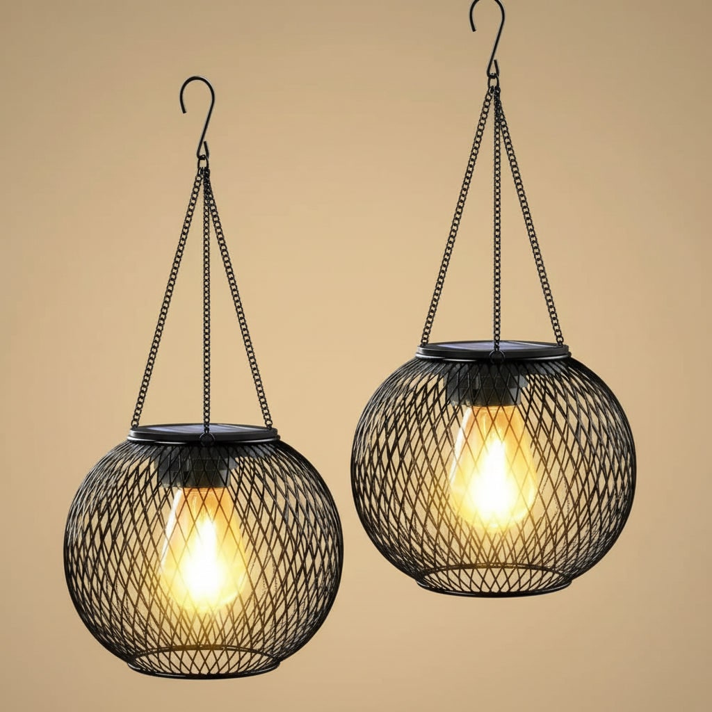 Halloween Hanging Solar Lantern Outdoor Lights with Black Metal Mesh Globe for Yard Decoration - Image 4