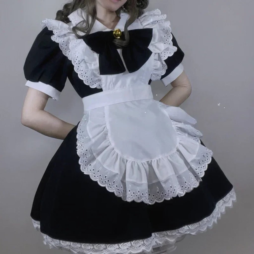 Halloween House Maid Costume Dress with Ruffled Apron and flying boy Collar for Plus Size - Image 1