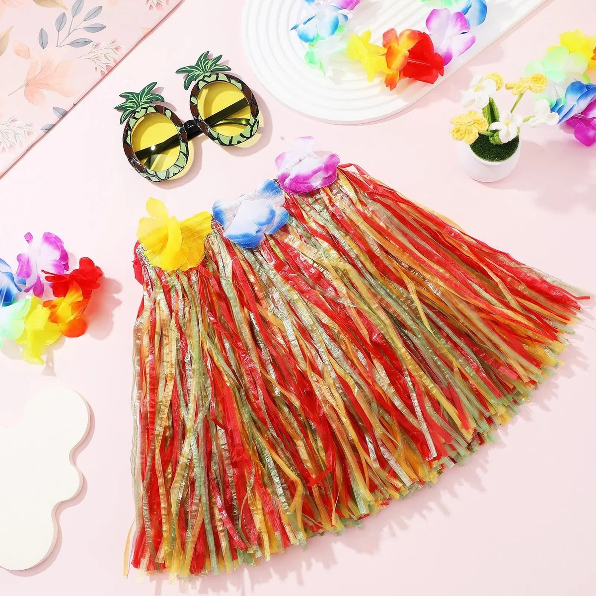Halloween Hula Skirt Set with Hawaiian Party Costume Accessories and Flower Lei Crop Top - Image 3