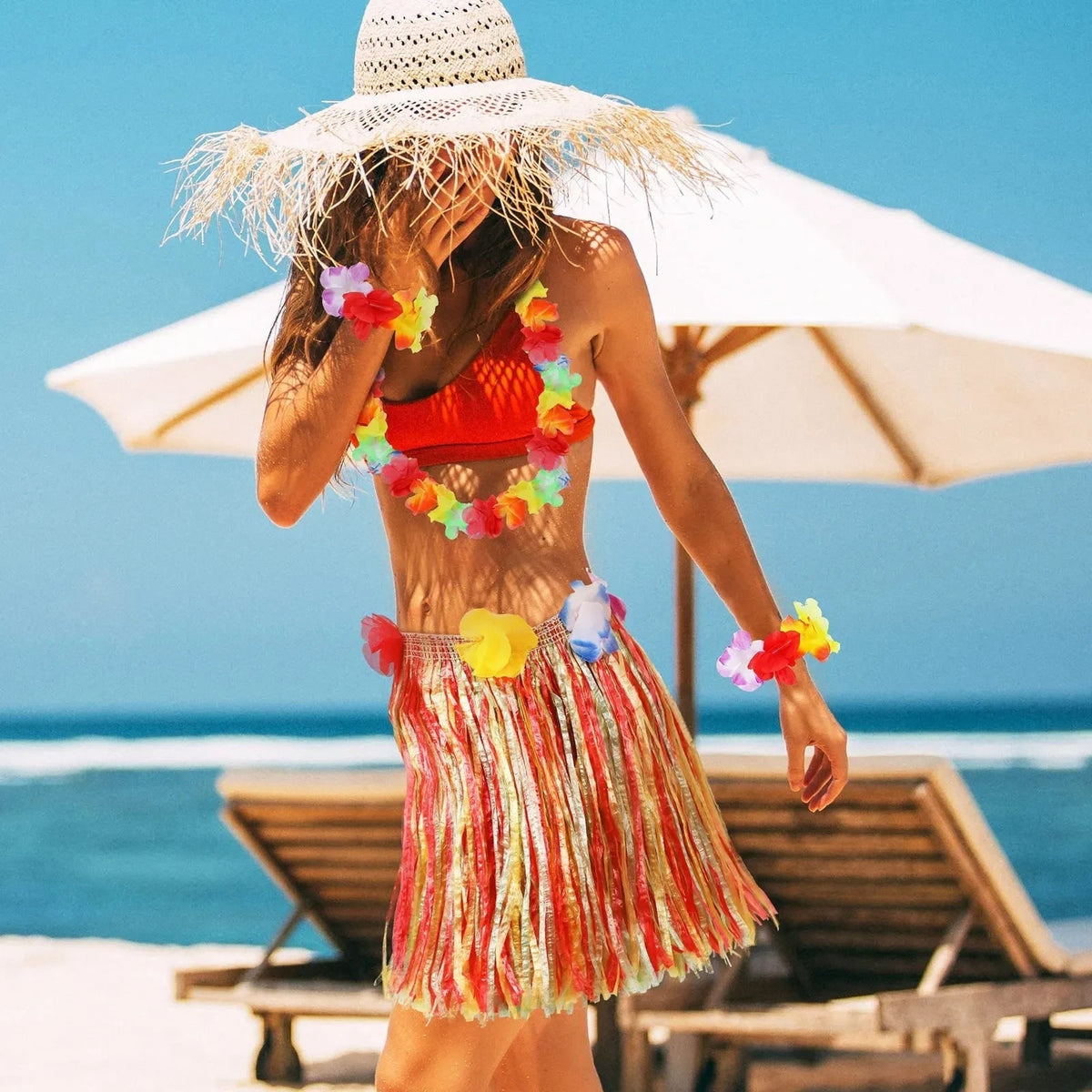 Halloween Hula Skirt Set with Hawaiian Party Costume Accessories and Flower Lei Crop Top - Image 4