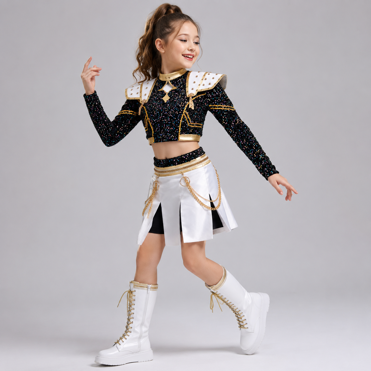 Halloween K-Pop Cosplay Costume with Sequin Crop Top Pleated Skirt Gold Chain Drapes and Braided Set - Image 1