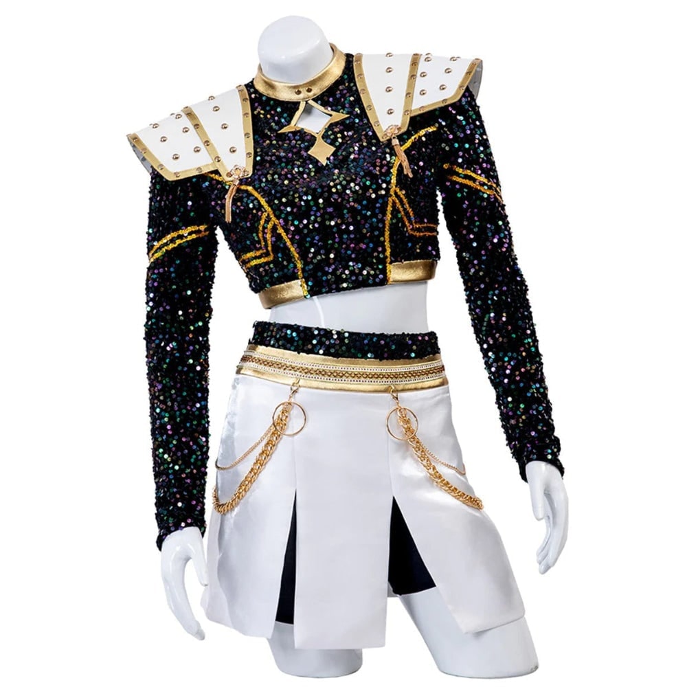 Halloween K-Pop Cosplay Costume with Sequin Crop Top Pleated Skirt Gold Chain Drapes and Braided Set - Image 3
