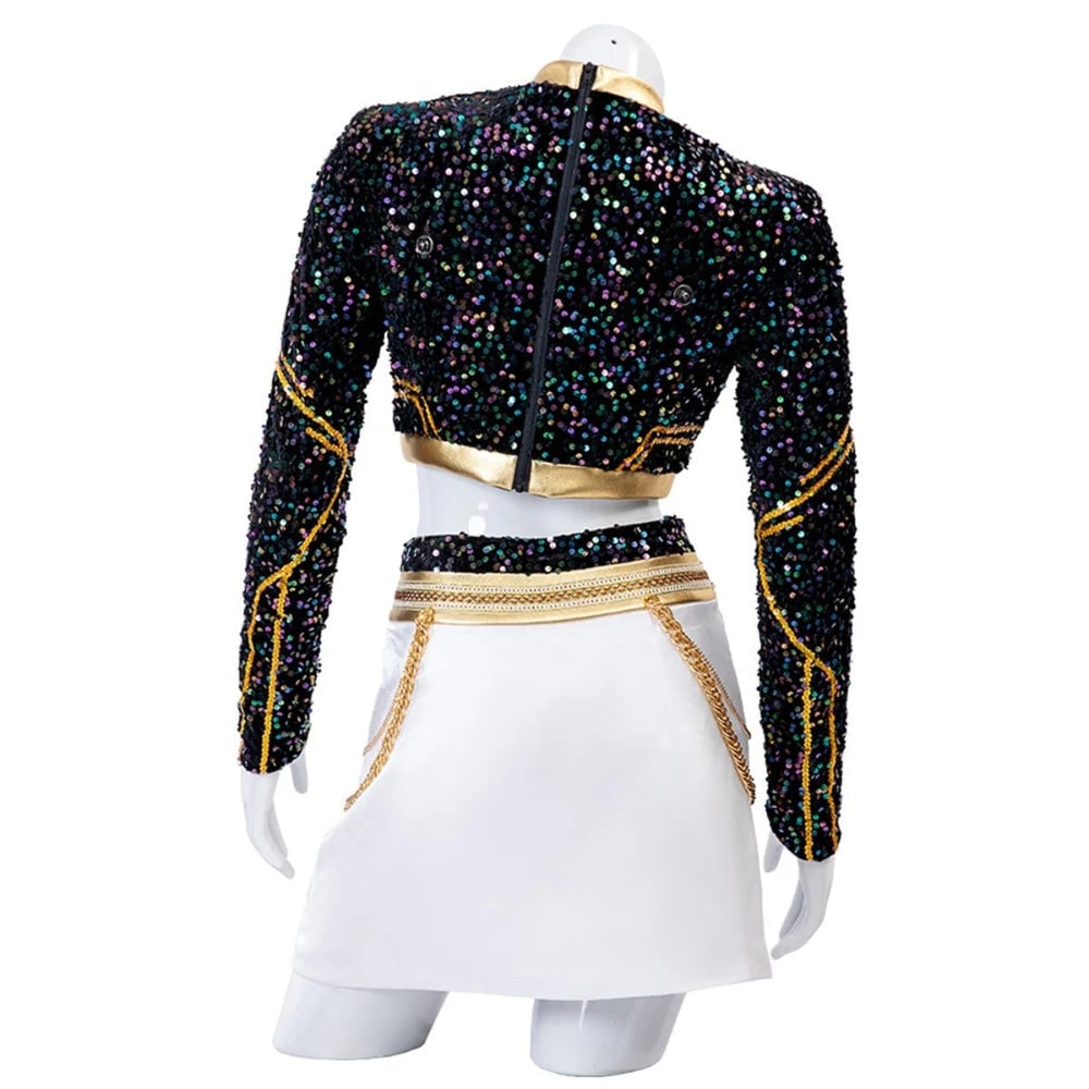 Halloween K-Pop Cosplay Costume with Sequin Crop Top Pleated Skirt Gold Chain Drapes and Braided Set - Image 4