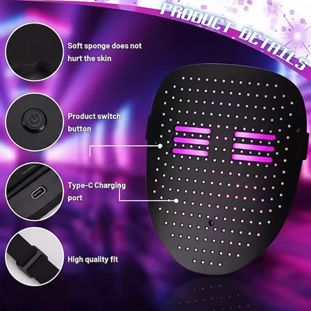 Halloween LED Light Up Full Face Mask with Programmable Patterns and USB Rechargeable Battery - Image 5