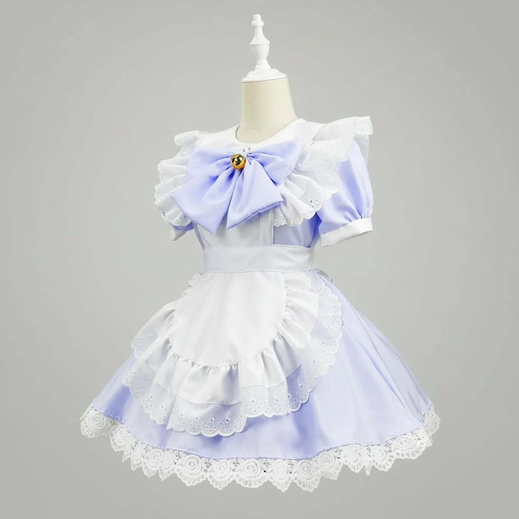 Halloween Maid Cosplay Costume Outfit French Dress with White Ruffled Apron and Lace Trim - Image 1