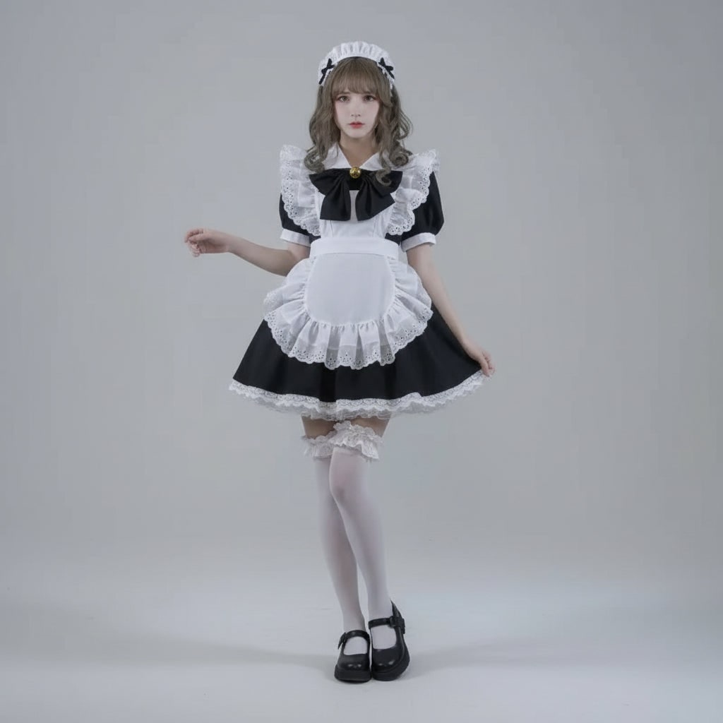 Halloween Maid Cosplay Costume Outfit French Dress with White Ruffled Apron and Lace Trim - Image 11