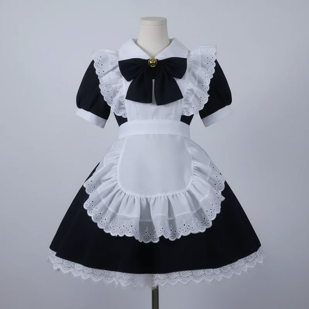 Halloween Maid Cosplay Costume Outfit French Dress with White Ruffled Apron and Lace Trim - Image 2