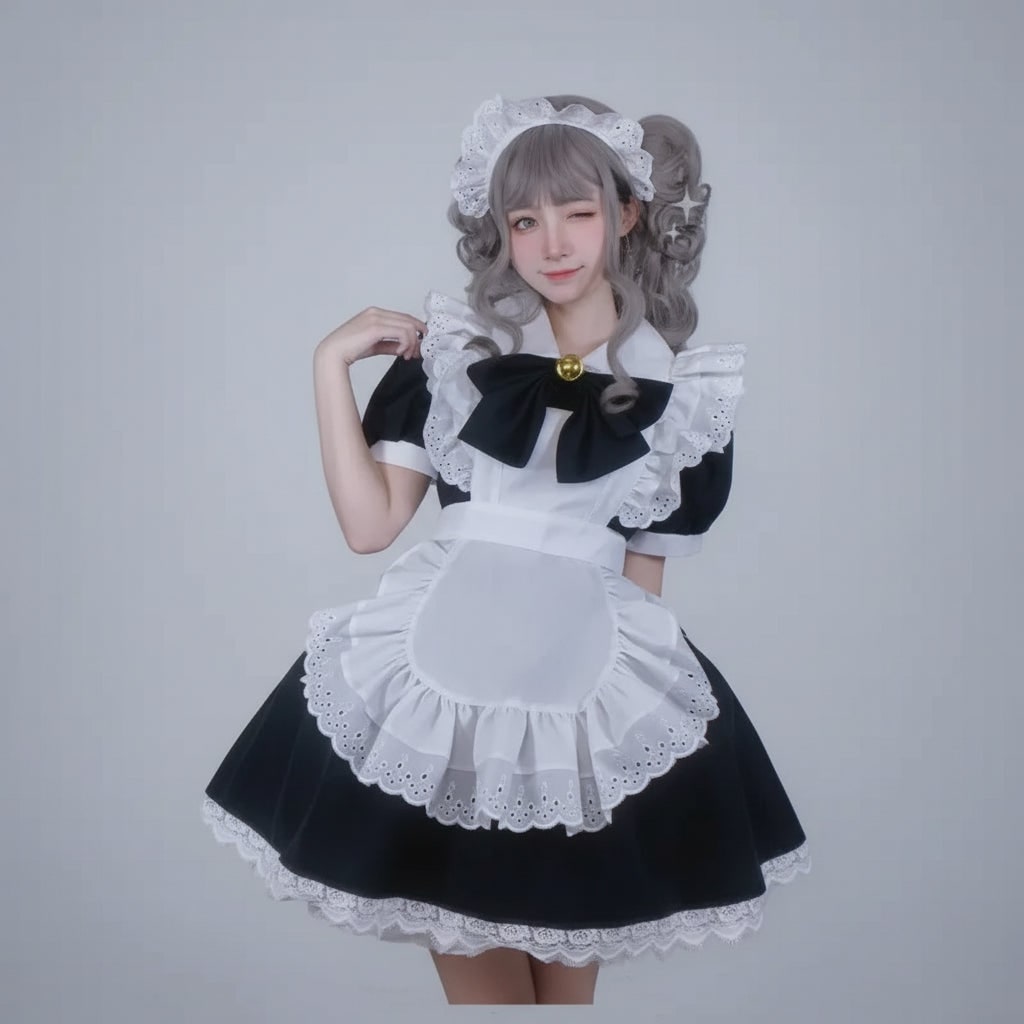 Halloween Maid Cosplay Costume Outfit French Dress with White Ruffled Apron and Lace Trim - Image 7