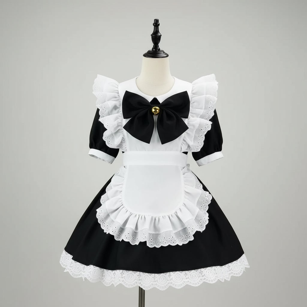 Halloween Maid Cosplay Costume Outfit French Dress with White Ruffled Apron and Lace Trim - Image 8
