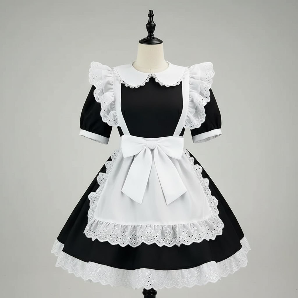 Halloween Maid Cosplay Costume Outfit French Dress with White Ruffled Apron and Lace Trim - Image 9