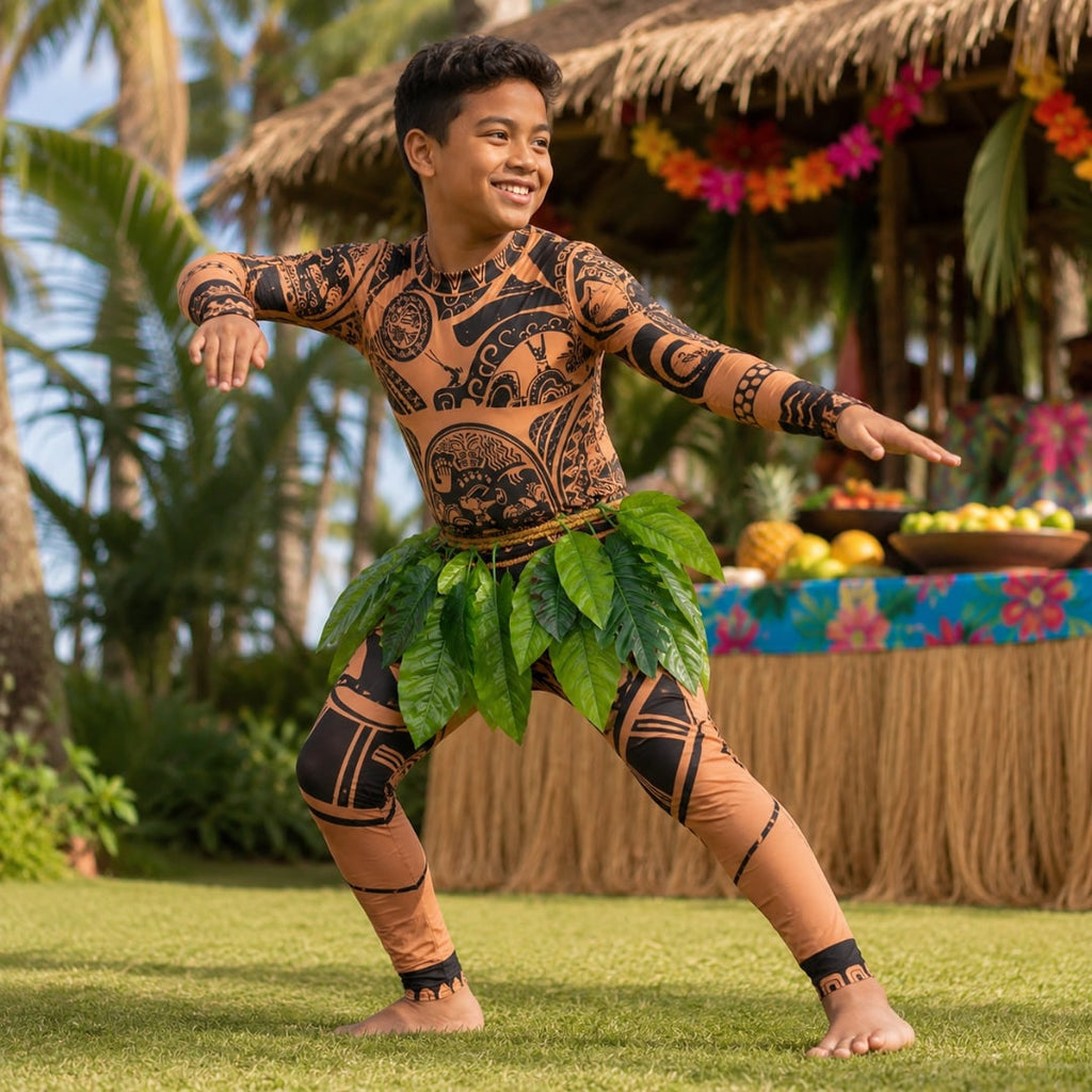 Halloween Maui Costume Tattoo Bodysuit with Leaf Skirt and Braided Belt - Image 1