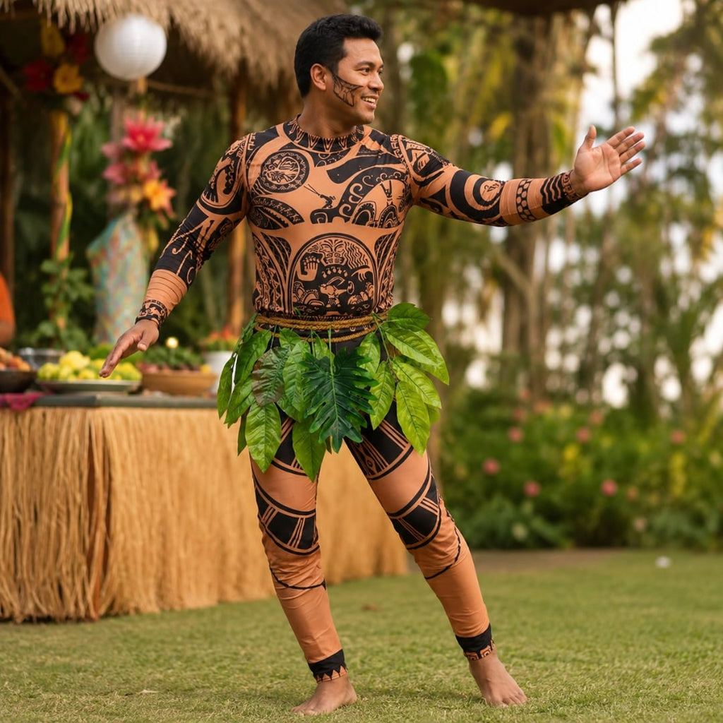 Halloween Maui Costume Tattoo Bodysuit with Leaf Skirt and Braided Belt - Image 2