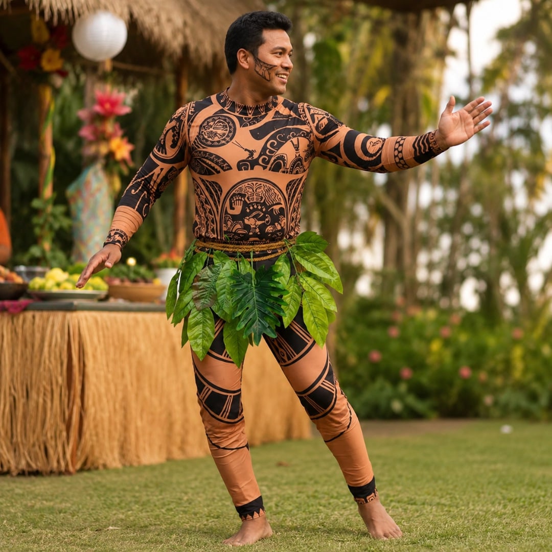 Halloween Maui Costume Tattoo Bodysuit with Leaf Skirt and Braided Belt - Image 2