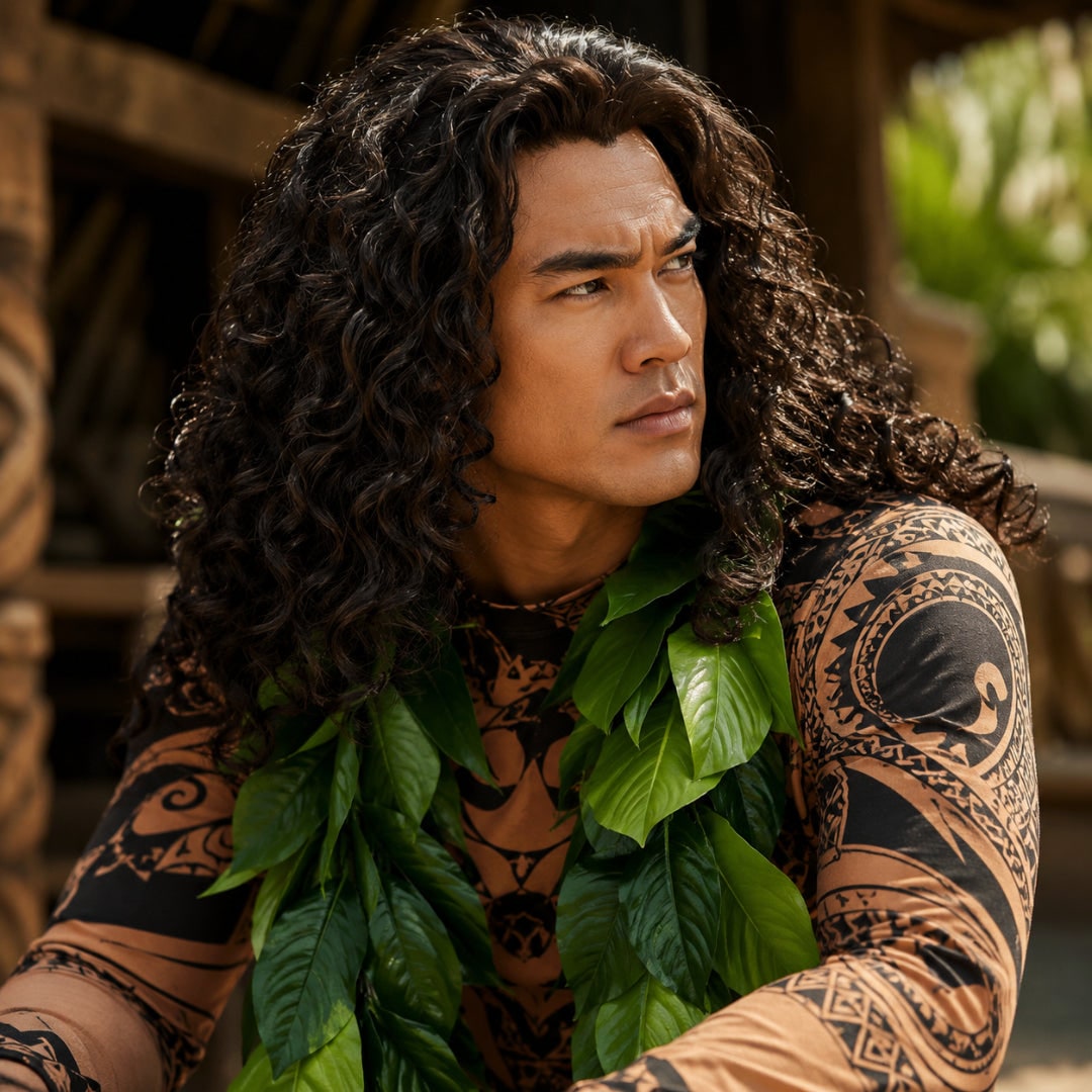 Halloween Maui Costume Tattoo Bodysuit with Leaf Skirt and Braided Belt - Image 3