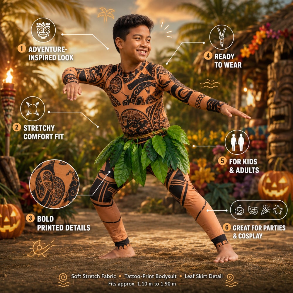 Halloween Maui Costume Tattoo Bodysuit with Leaf Skirt and Braided Belt - Image 4