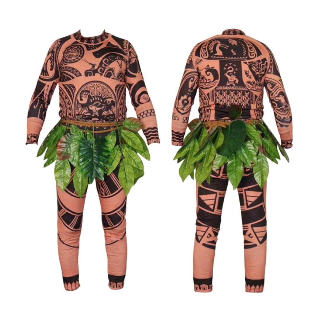 Halloween Maui Costume Tattoo Bodysuit with Leaf Skirt and Braided Belt - Image 5