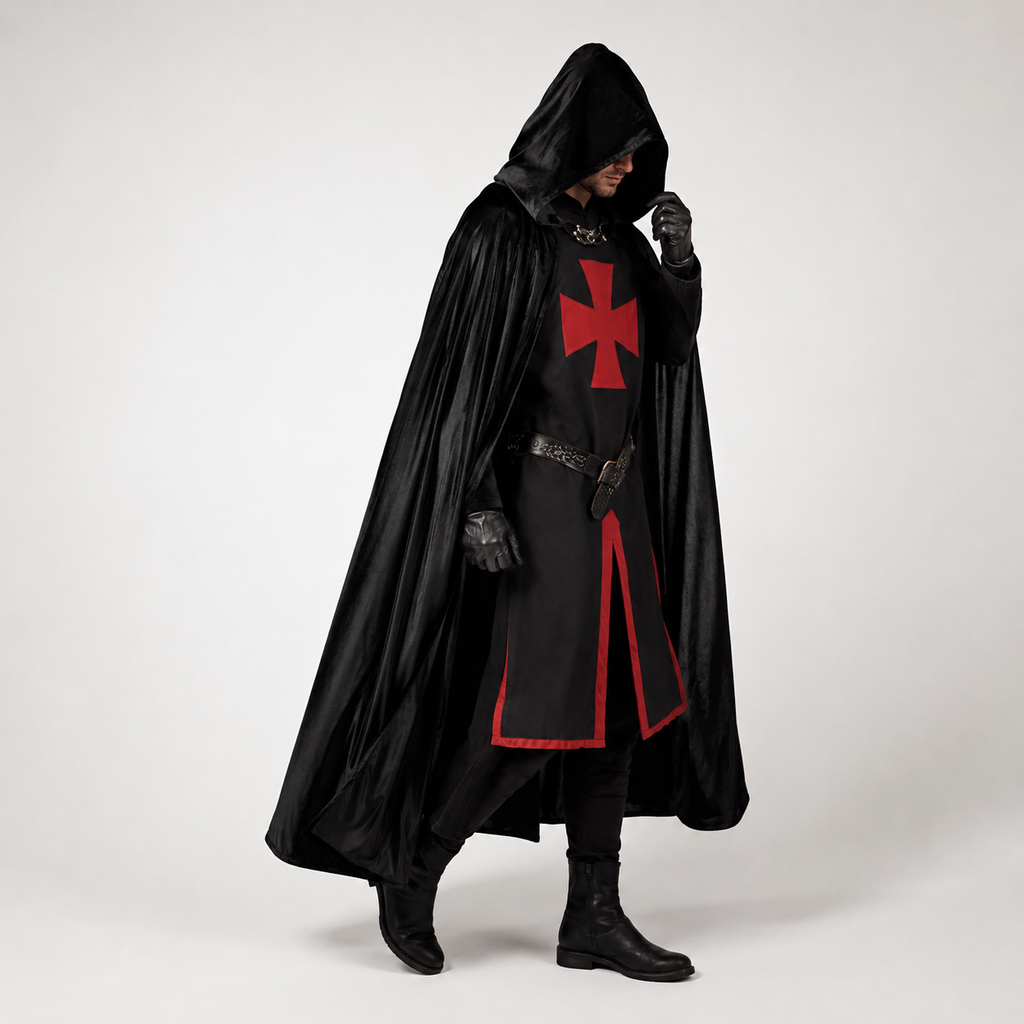 Halloween Medieval Knight Costume with Tunic and Hooded Cape for Cosplay Party - Image 1