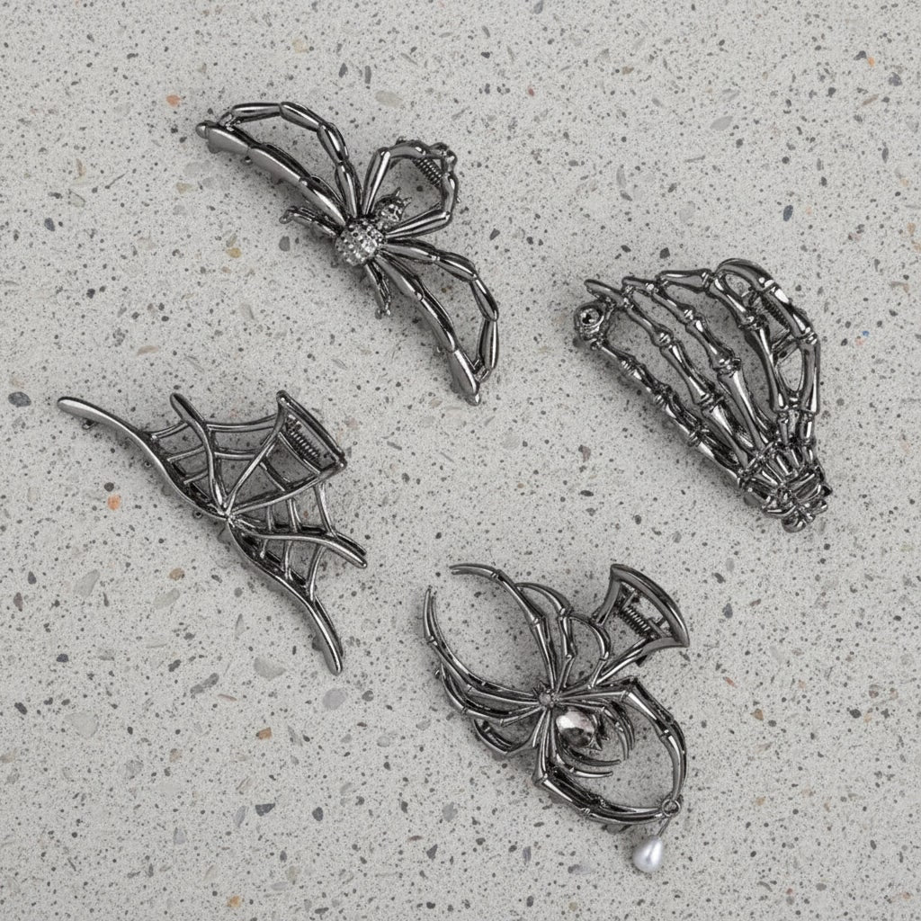 Halloween Metal Hair Claw Clips with Spider Bat Skeleton and Spiderweb Designs for Party - Image 1