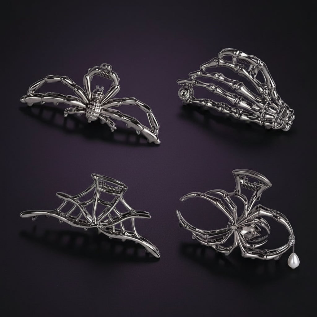 Halloween Metal Hair Claw Clips with Spooky Spider Skeleton Bat Designs Banana - Image 1