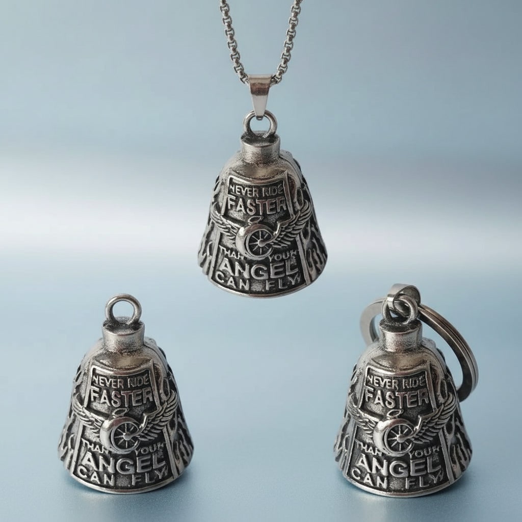 Halloween Motorcycle Guardian Bell Biker Bike Charm with Antique Silver Plated Pendant and Chain - Image 1