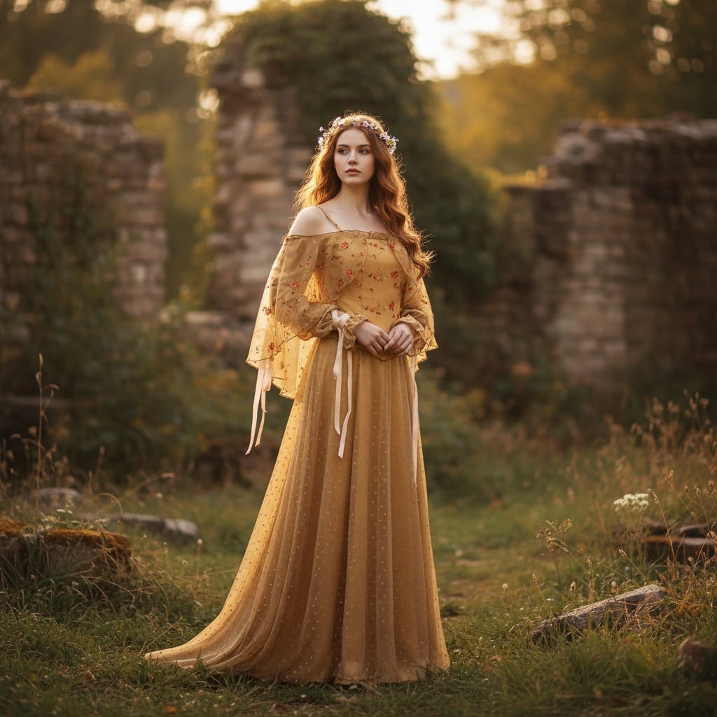 Halloween Plus Size Medieval Dress Costume with Embroidered Bodice and Off-Shoulder Neckline - Image 1