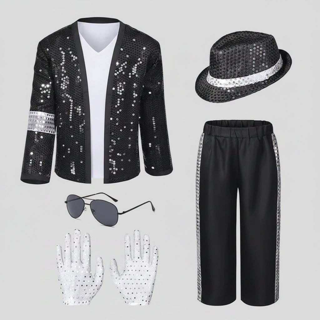 Halloween Pop Star and Rock Costume with Sequin Jacket Fedora Hat Wig - Image 2