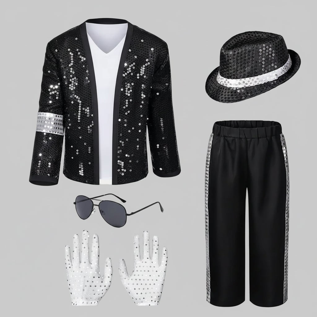 Halloween Pop Star and Rock Costume with Sequin Jacket Fedora Hat Wig - Image 4