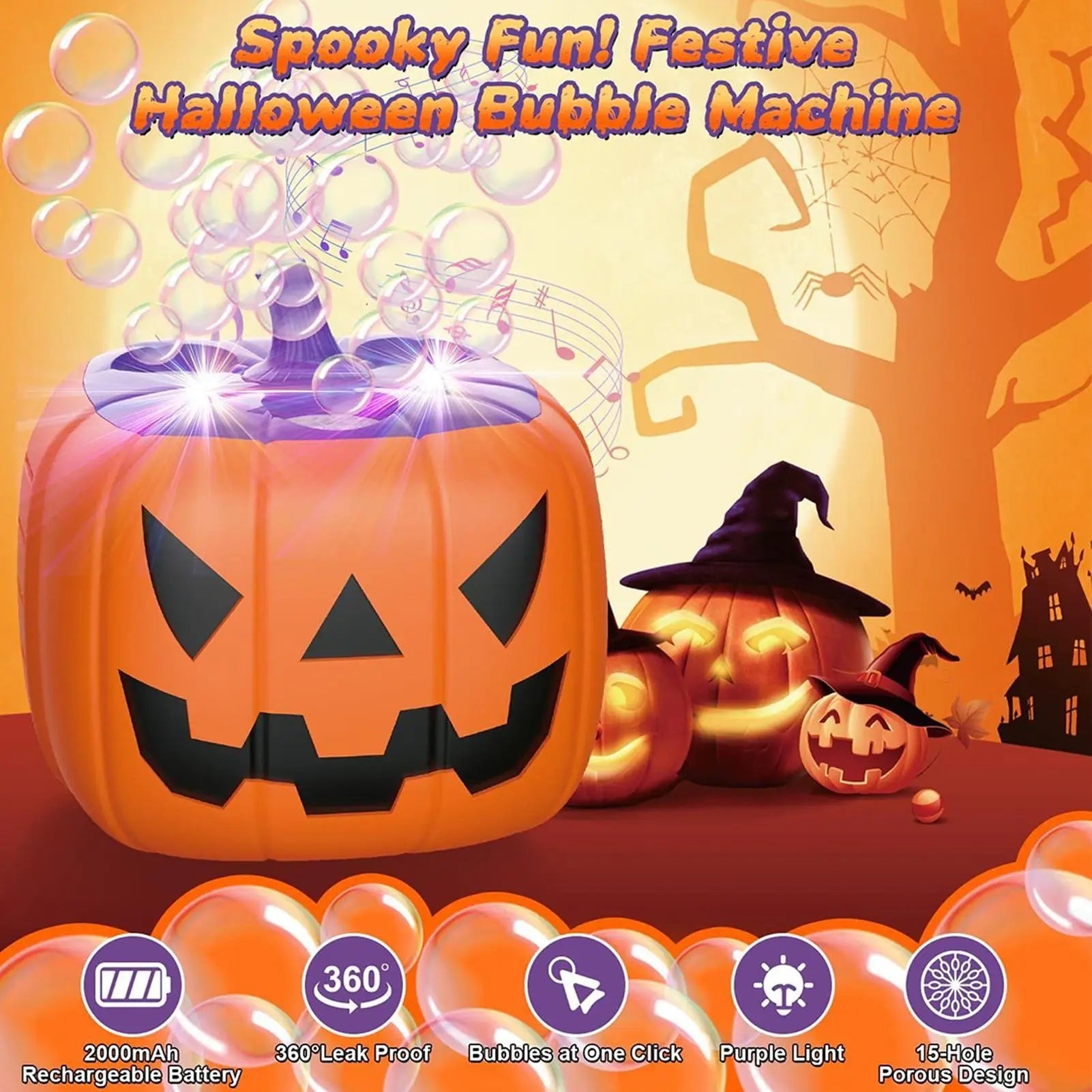 Halloween Pumpkin Bubble Machine Automatic Blower with LED Lights for Party Maker - Image 4
