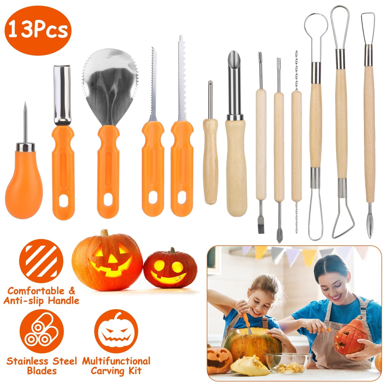 Halloween Pumpkin Carving Kit with Tools and Supplies 13-Piece Stainless Steel Saw and Sculpting Set - Image 1
