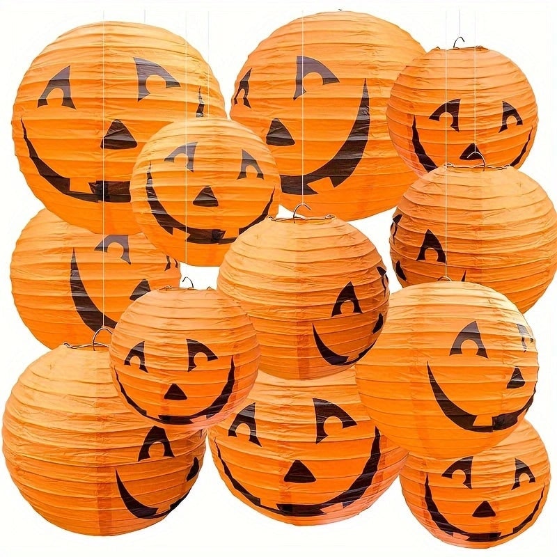 Halloween Pumpkin Paper Lanterns with Jack O' Faces Set of 12 Collapsible Hanging for Indoor - Image 1