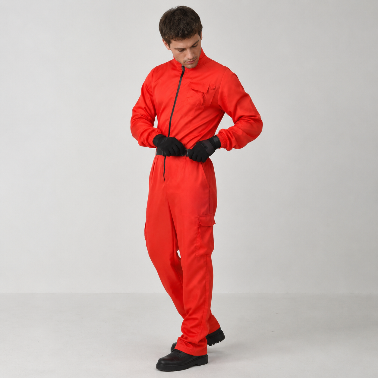 Halloween Red Hooded Jumpsuit Costume with Belt and Gloves for Cosplay Party - Image 1