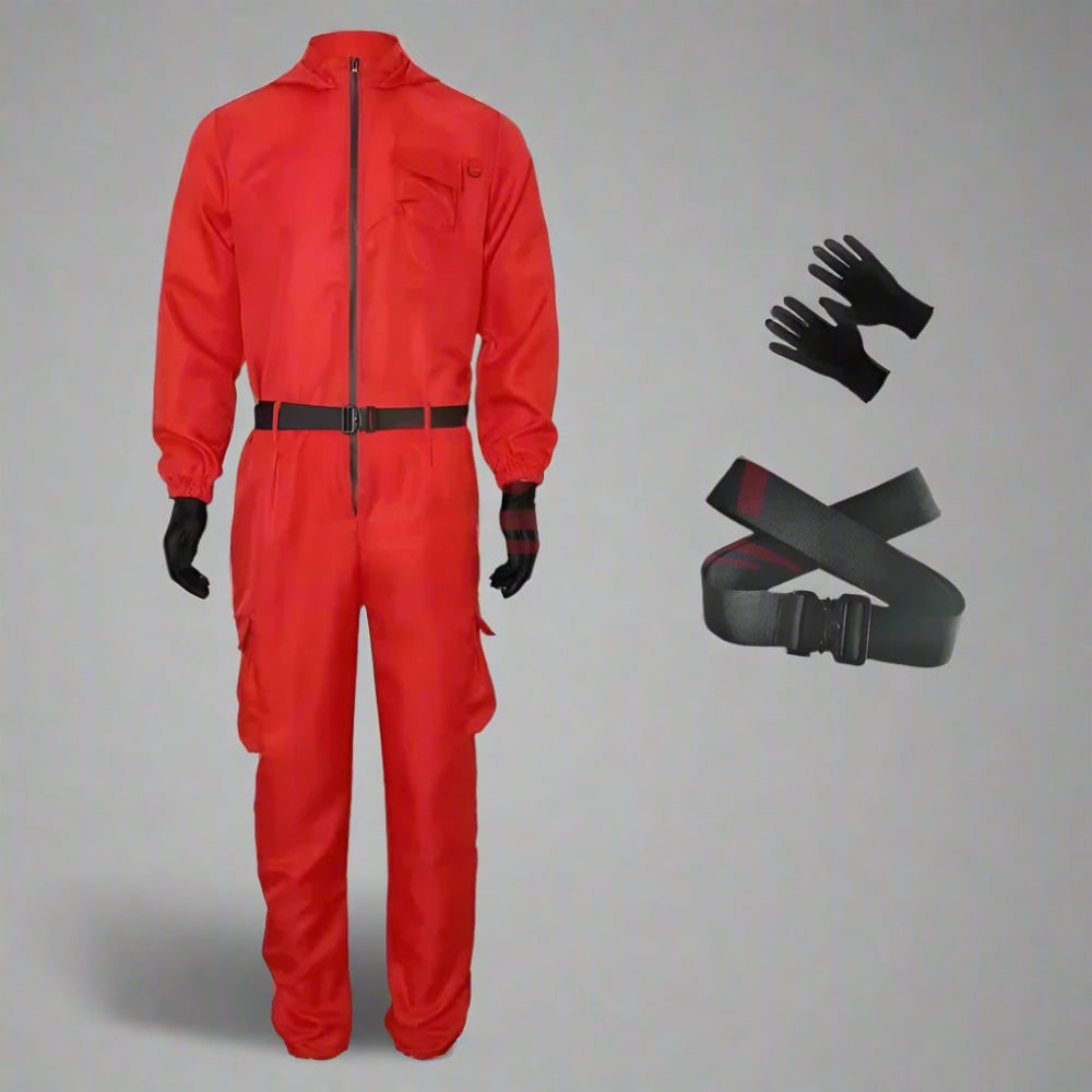 Halloween Red Hooded Jumpsuit Costume with Belt and Gloves for Cosplay Party - Image 2