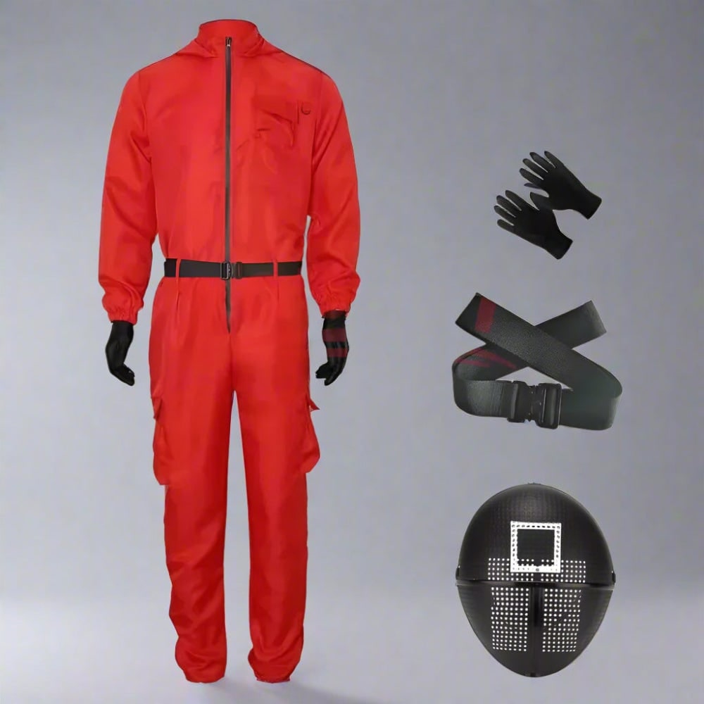 Halloween Red Hooded Jumpsuit Costume with Belt and Gloves for Cosplay Party - Image 3