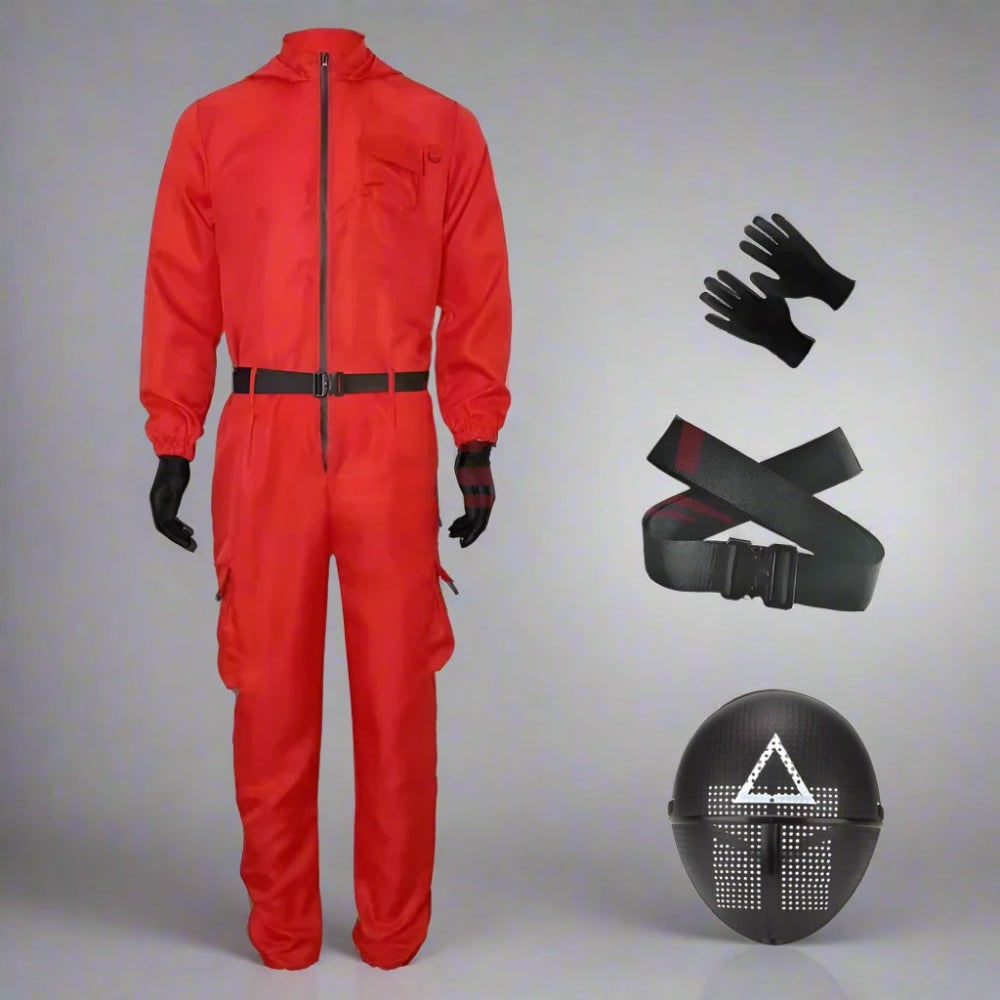 Halloween Red Hooded Jumpsuit Costume with Belt and Gloves for Cosplay Party - Image 4