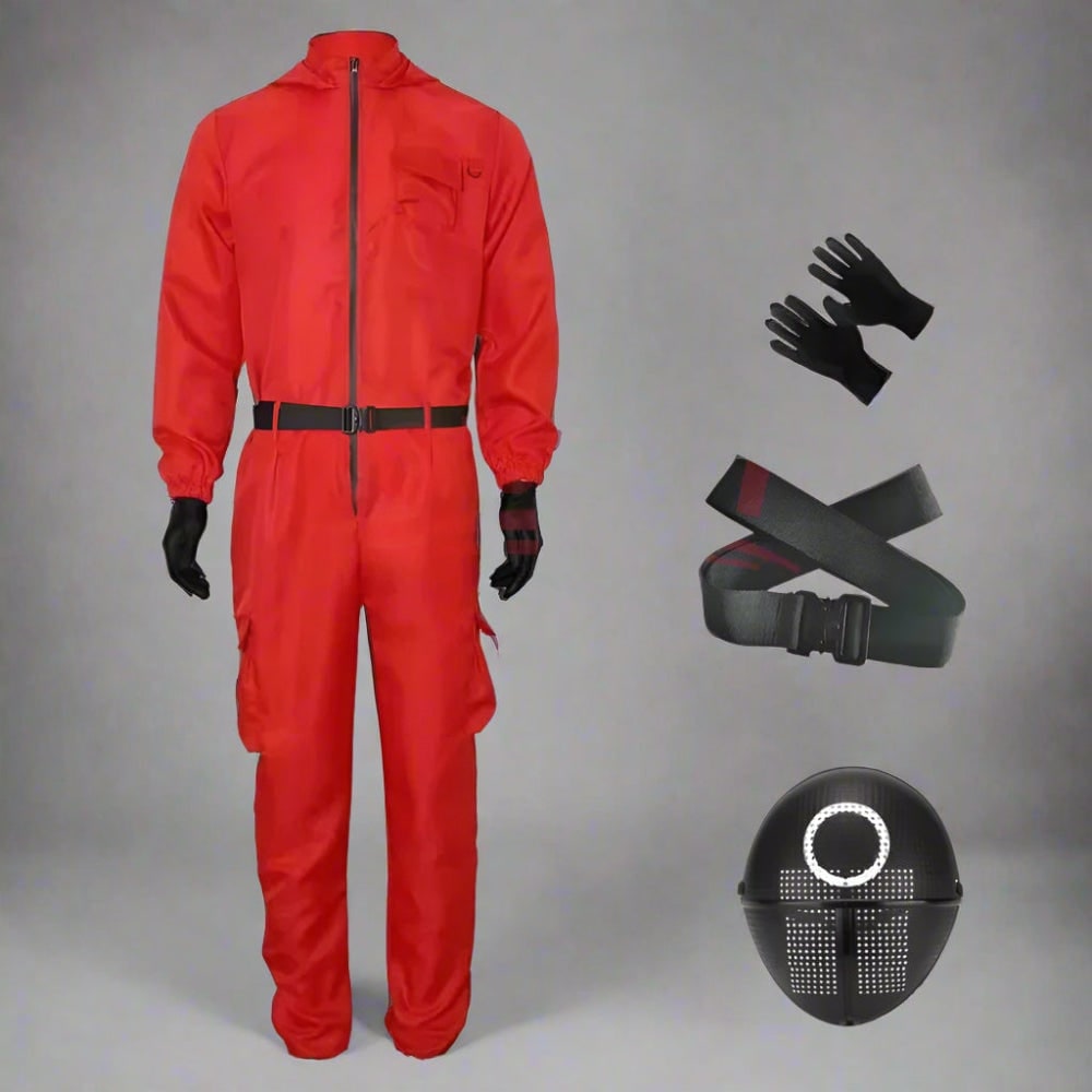 Halloween Red Hooded Jumpsuit Costume with Belt and Gloves for Cosplay Party - Image 5