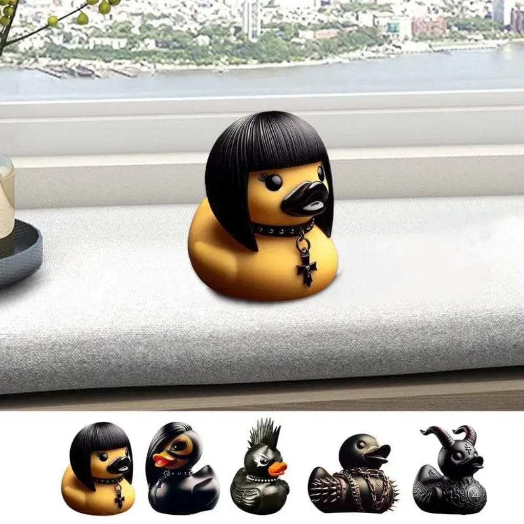 Halloween Rubber Duck Squishy Toy with Studded Goth Punk Design and Spooky Horns - Image 3