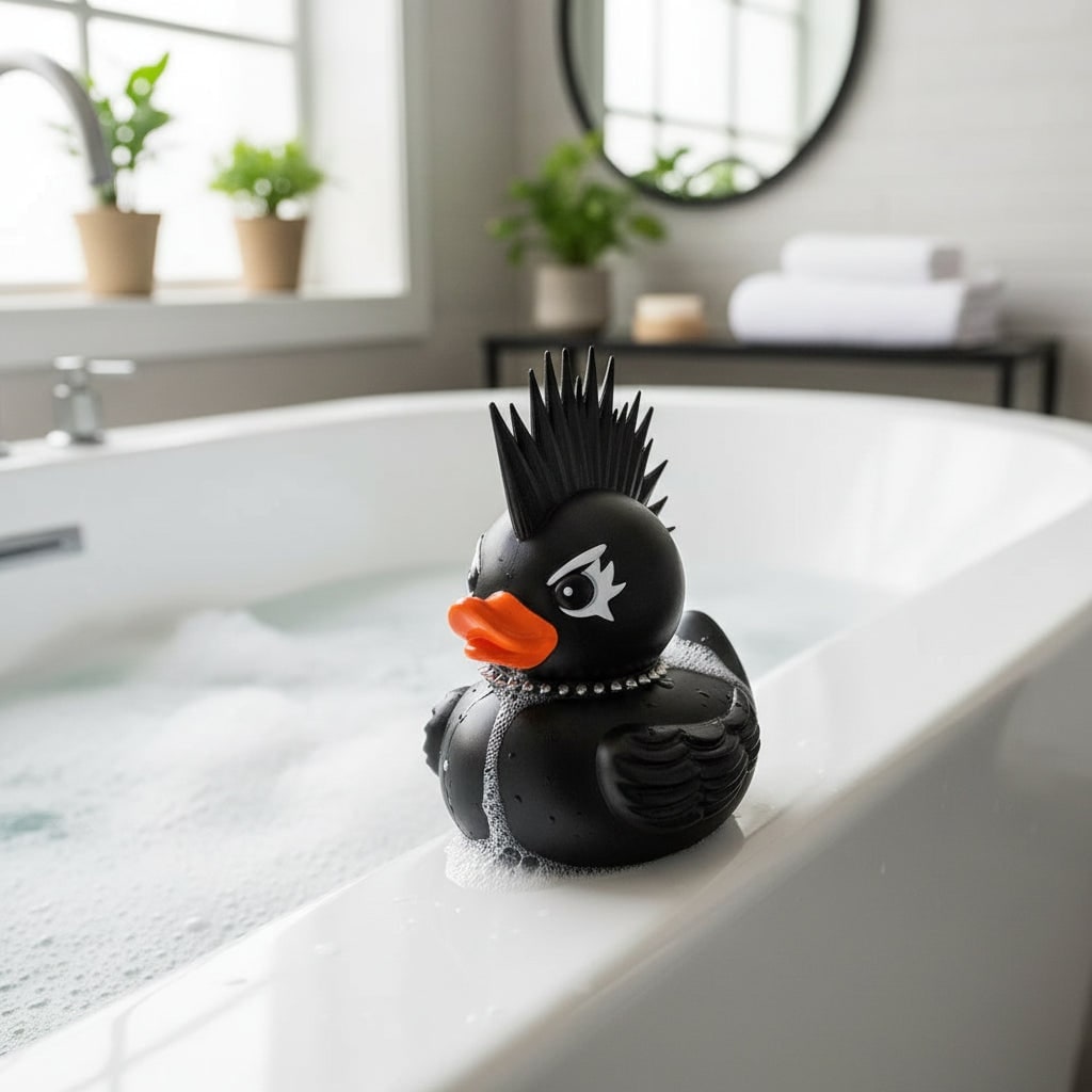 Halloween Rubber Duck Squishy Toy with Studded Goth Punk Design and Spooky Horns - Image 7
