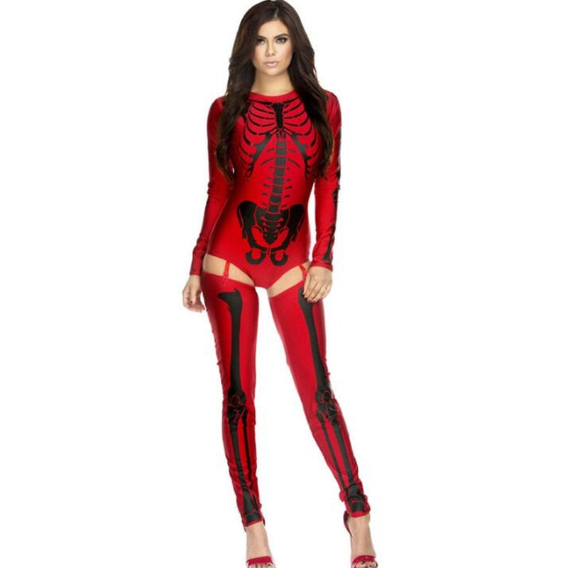 Halloween Skeleton Costume Long Sleeve Bodysuit Form Fitting Crew Neck with Garter Stockings - Image 1