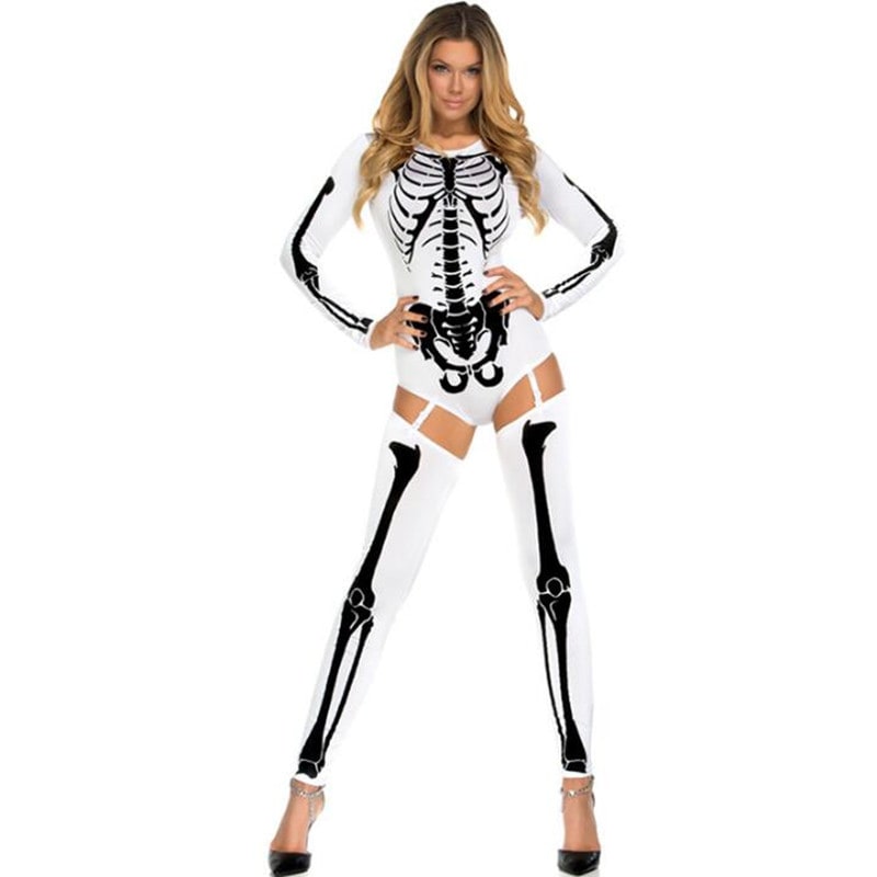 Halloween Skeleton Costume Long Sleeve Bodysuit Form Fitting Crew Neck with Garter Stockings - Image 3