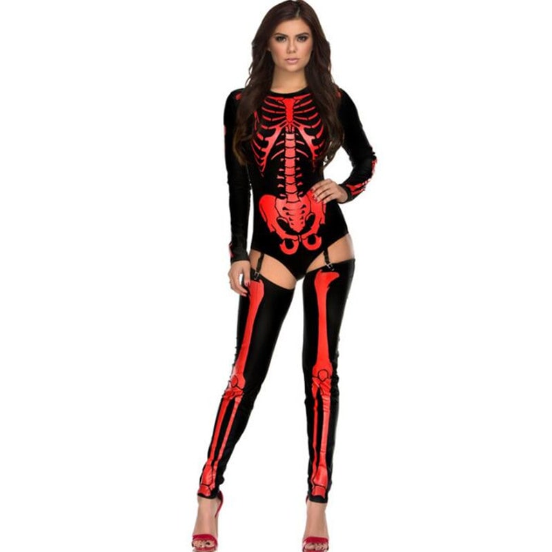 Halloween Skeleton Costume Long Sleeve Bodysuit Form Fitting Crew Neck with Garter Stockings - Image 4
