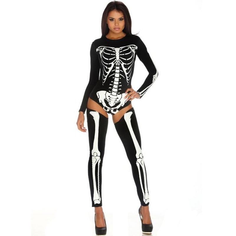 Halloween Skeleton Costume Long Sleeve Bodysuit Form Fitting Crew Neck with Garter Stockings - Image 5