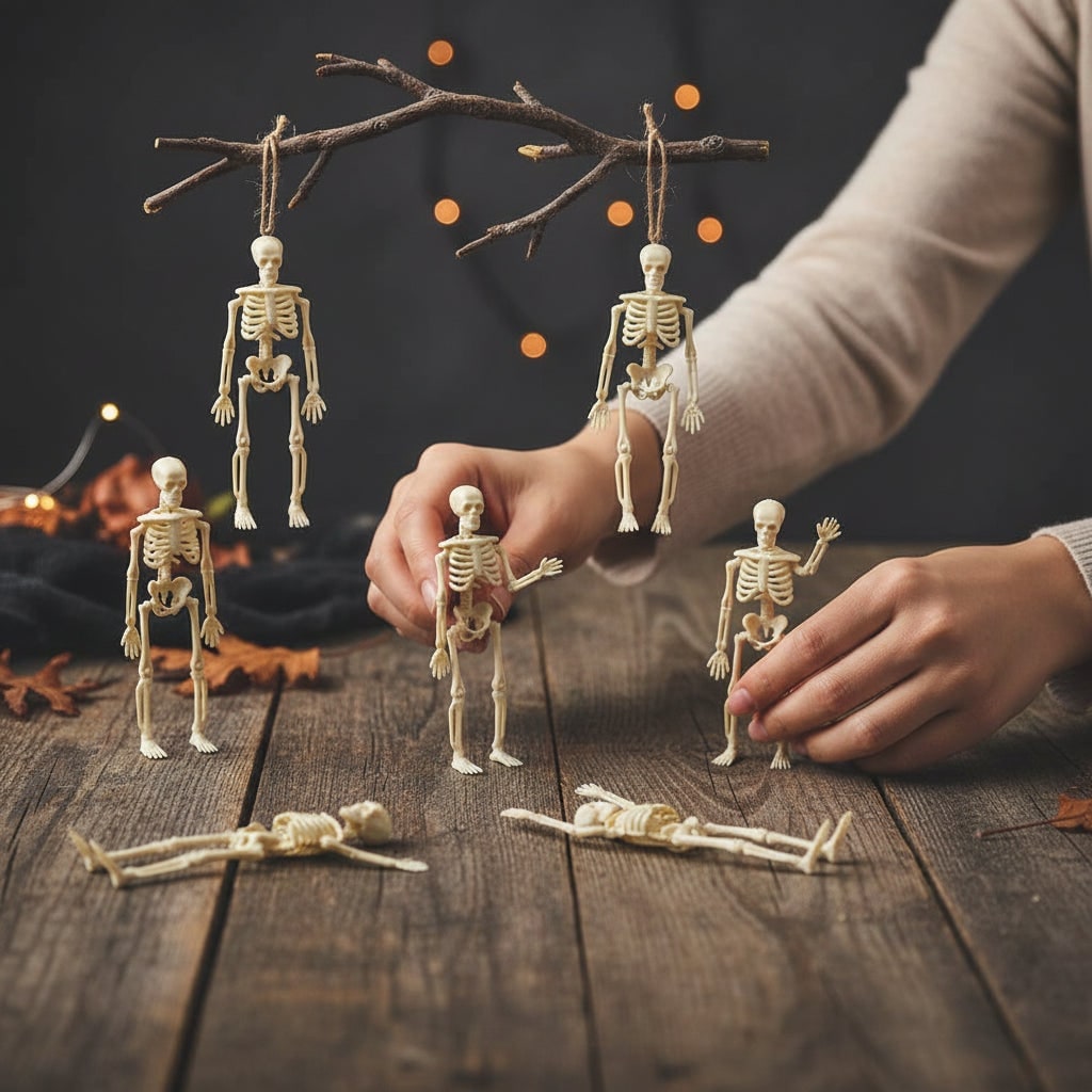 Halloween Skeleton Decorations Mini Plastic Small Figures with Hanging Twine for Party Supplies - Image 1