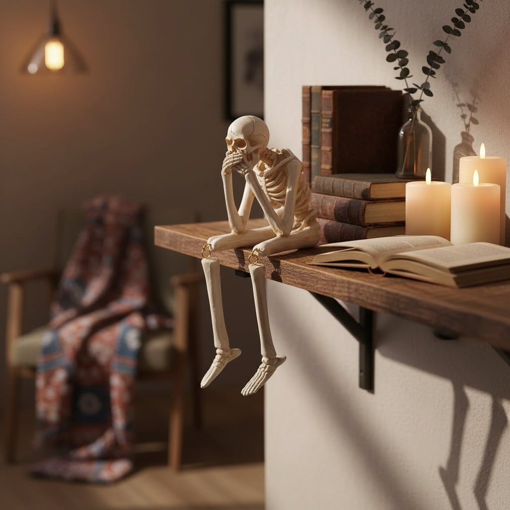 Halloween Skeleton Decorations Shelf Sitter Figurine with Dangling Legs Plastic - Image 1