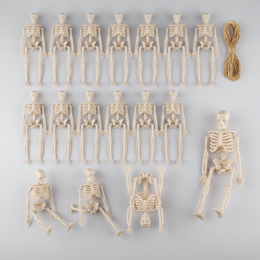Halloween Skeletons Posable Mini Figurines Decoration Set with Hanging Twine Head - Image 1