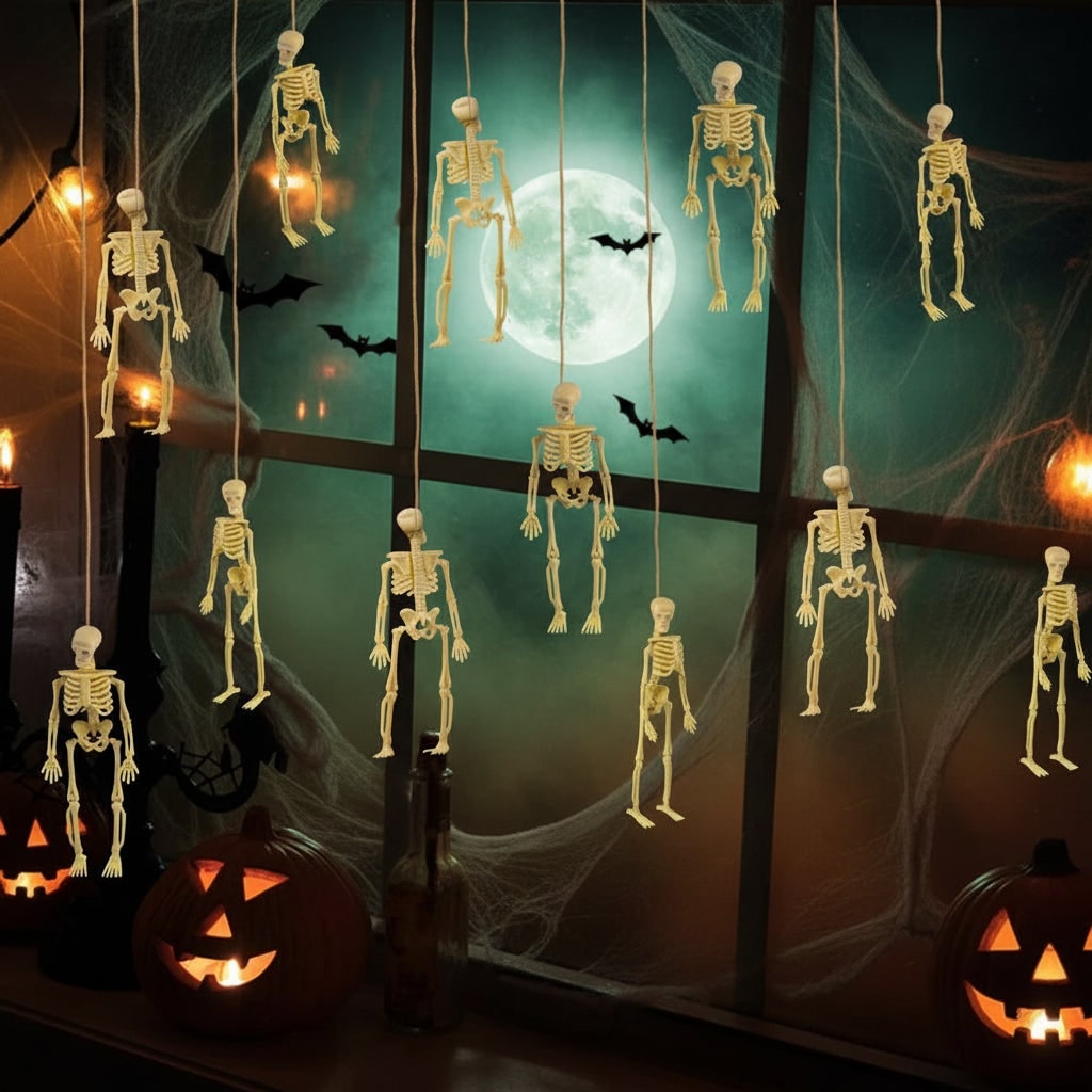 Halloween Skeletons Posable Mini Figurines Decoration Set with Hanging Twine Head - Image 5