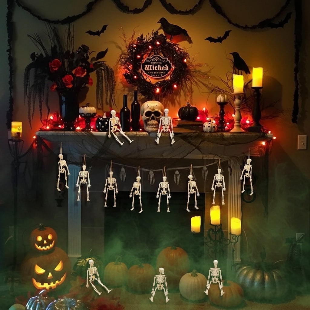 Halloween Skeletons Posable Mini Figurines Decoration Set with Hanging Twine Head - Image 6