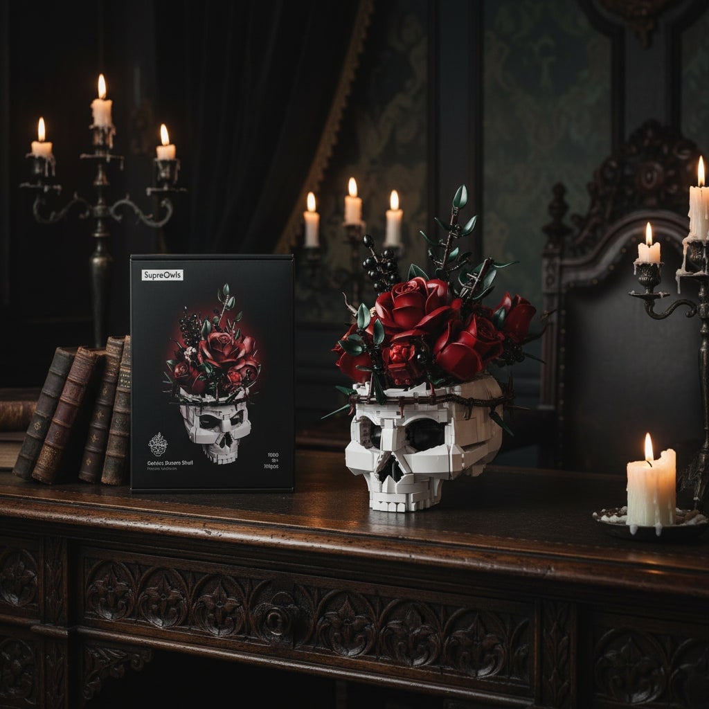 Halloween Skull Building Blocks and Magnetic Toys with Gothic Rose Design Tiles - Image 2