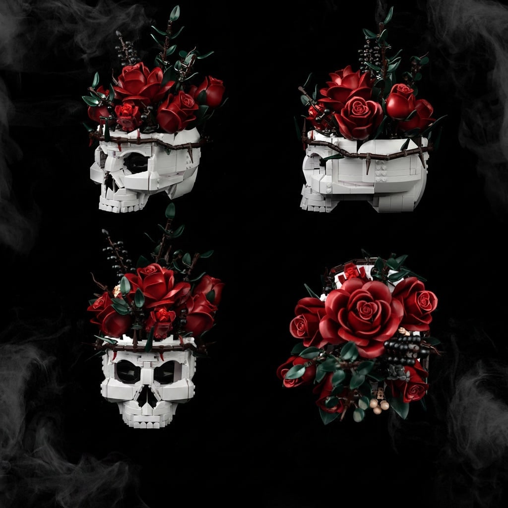 Halloween Skull Building Blocks and Magnetic Toys with Gothic Rose Design Tiles - Image 4