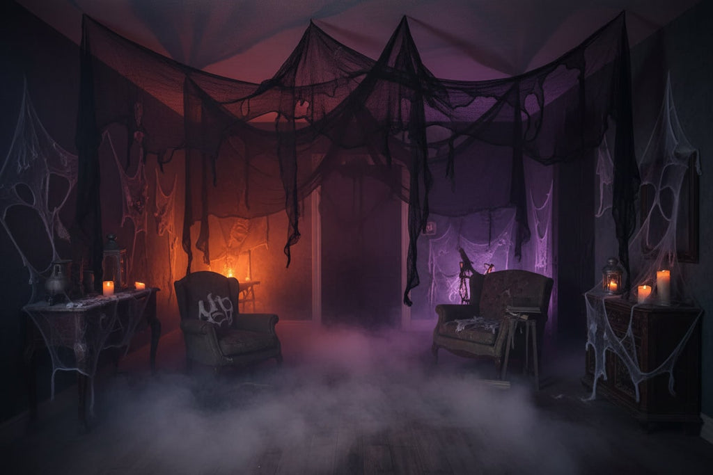 Halloween Spider Web Decoration with Black Mesh Creepy Cloth Netting - Image 2